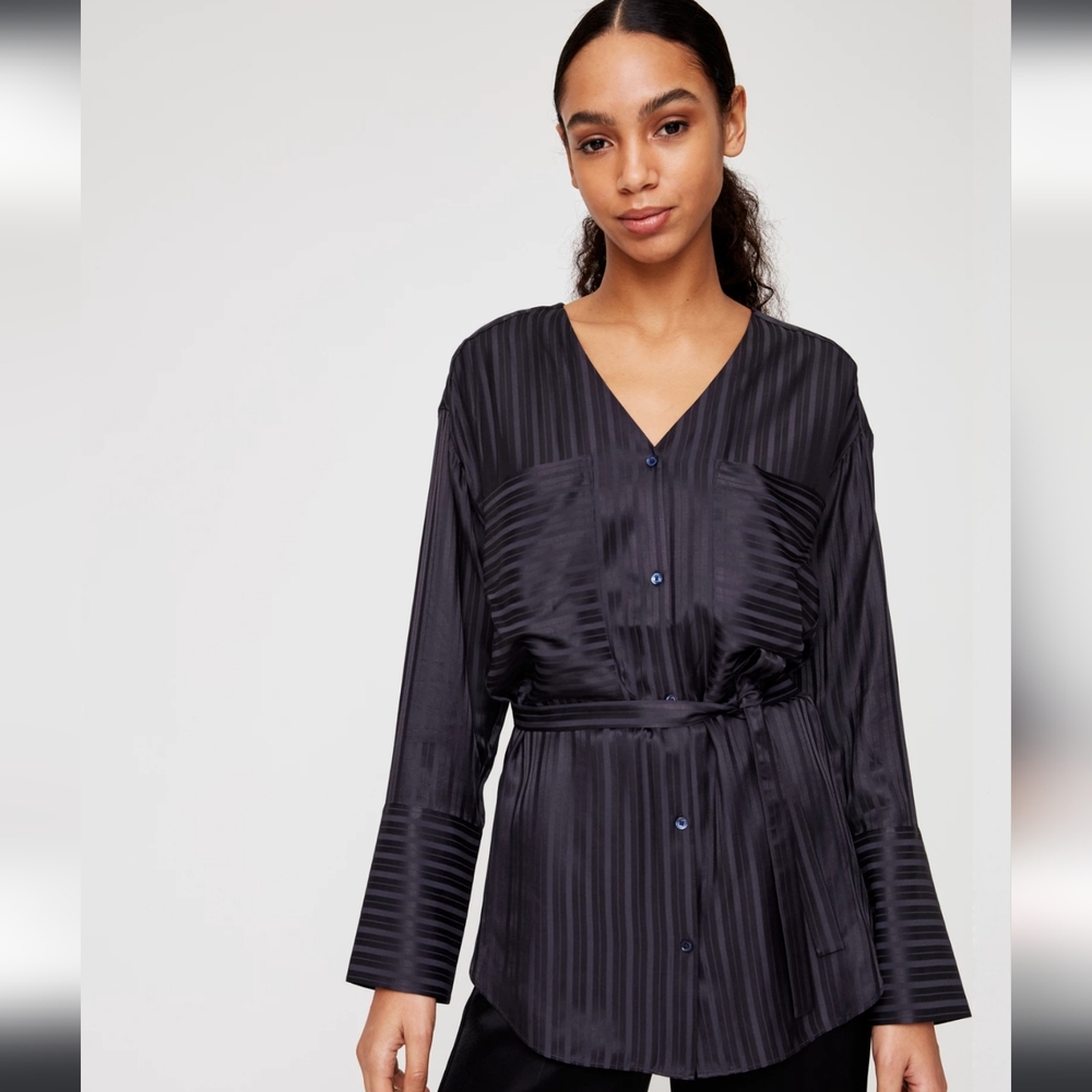 ARITZIA WILFRED Zelie Black Silk Striped Button Up Shirt Blouse Tie Waist XXS